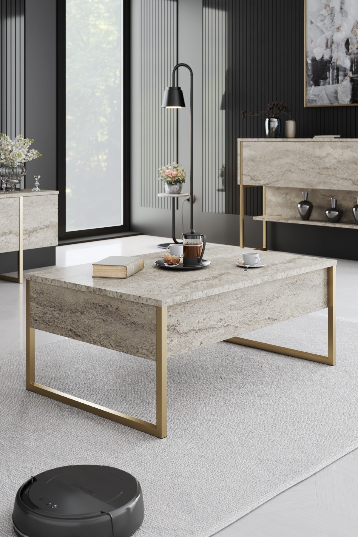 Măsuță de cafea Luxe, Diverse culori, 90x60x40 cm - Travertin - Auriu | SKU: 618BLY1354 | Măsuță de cafea Luxe, 90x60x40 cm, varianta Travertin - Auriu, produs pentru amenajarea locuinței, disponibil online în România la CasaMob