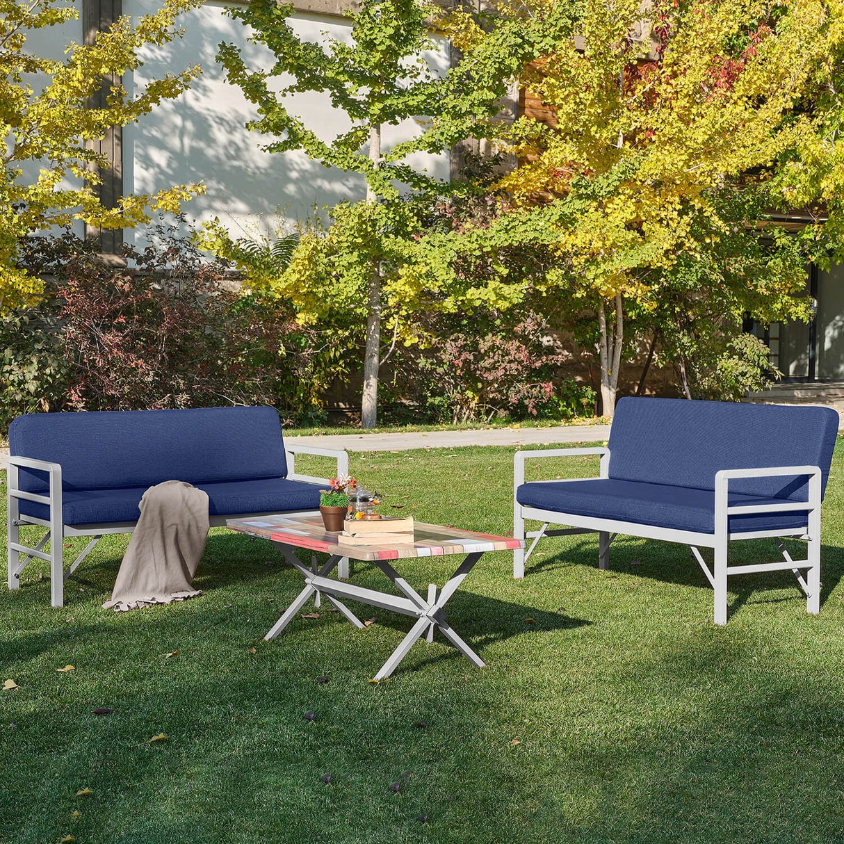 Set de grădină Pandora (2-2-S), Diverse culori, 139x75x52 cm - Alb - Albastru închis | SKU: 679HVN1191 | Set de grădină Pandora (2-2-S), 139x75x52 cm, varianta Alb - Albastru închis, produs pentru amenajarea locuinței, disponibil online în România la CasaMob
