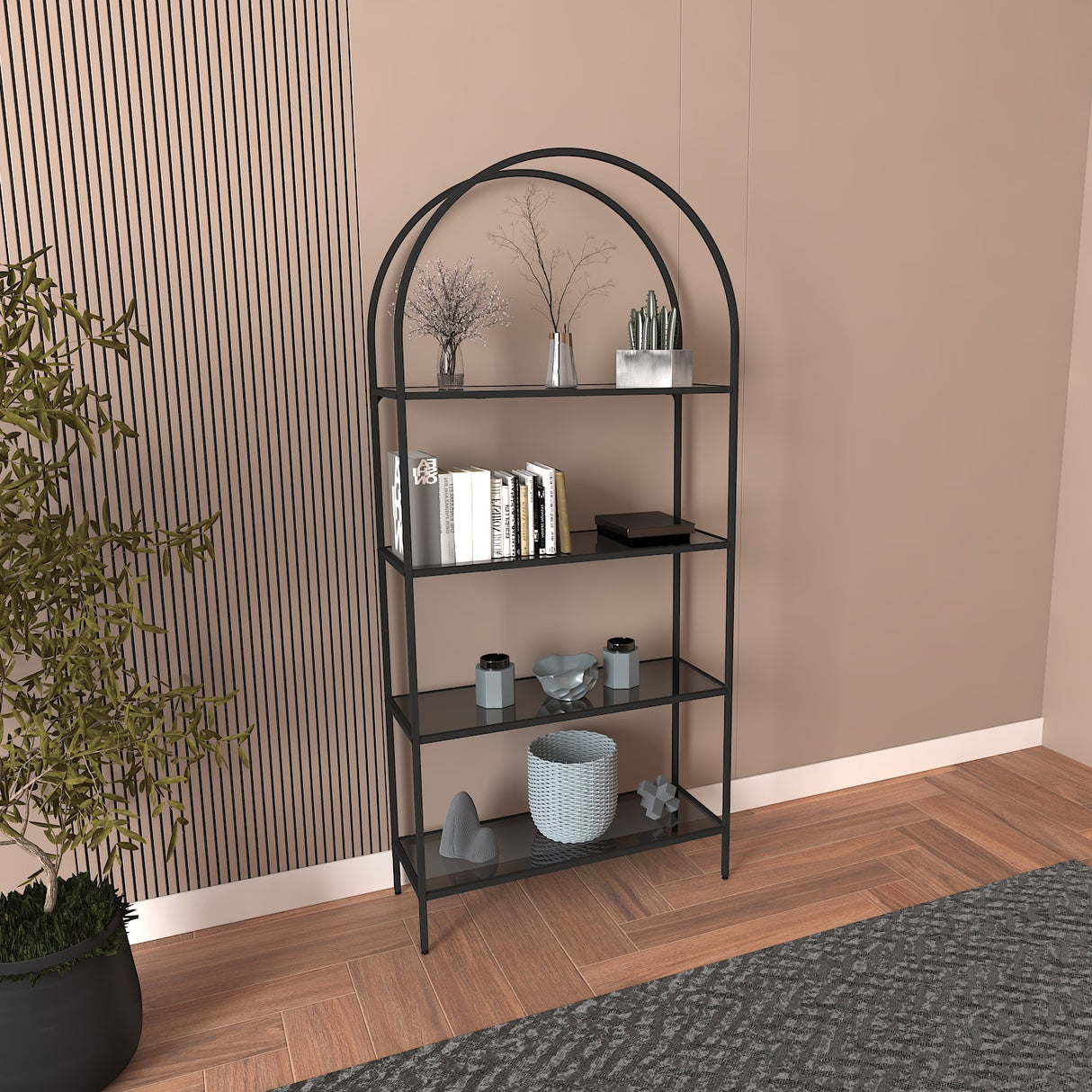 Bibliotecă Mona - Black, Smoked Glass 80, Negru, 80x30x175 cm