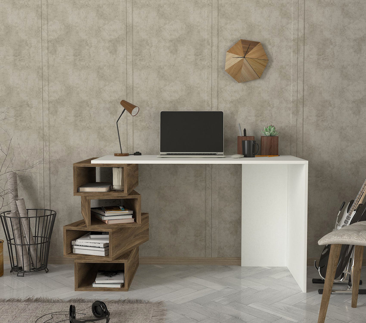Birou Jenga, Alb - Nuc, 130x60x75 cm
