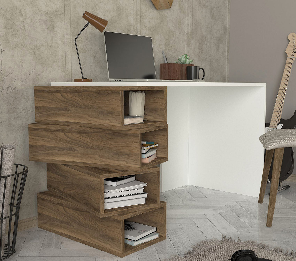 Birou Jenga, Alb - Nuc, 130x60x75 cm