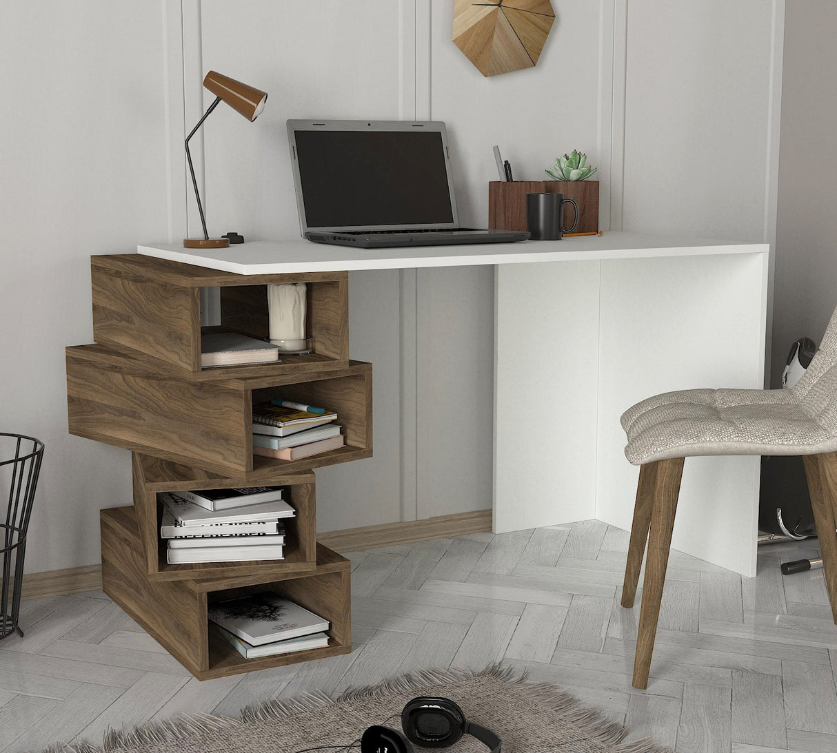 Birou Jenga, Alb - Nuc, 130x60x75 cm