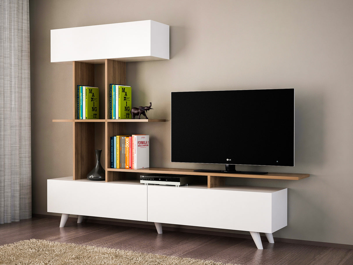 Comodă TV Violet, Alb - Nuc, 195x31x180 cm