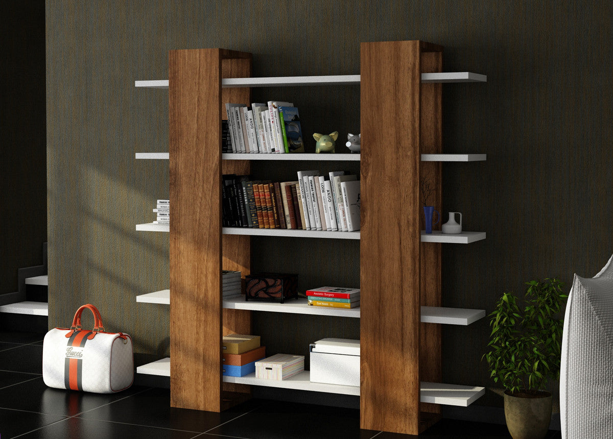 Bibliotecă Pool, Alb - Nuc, 120x20x120 cm