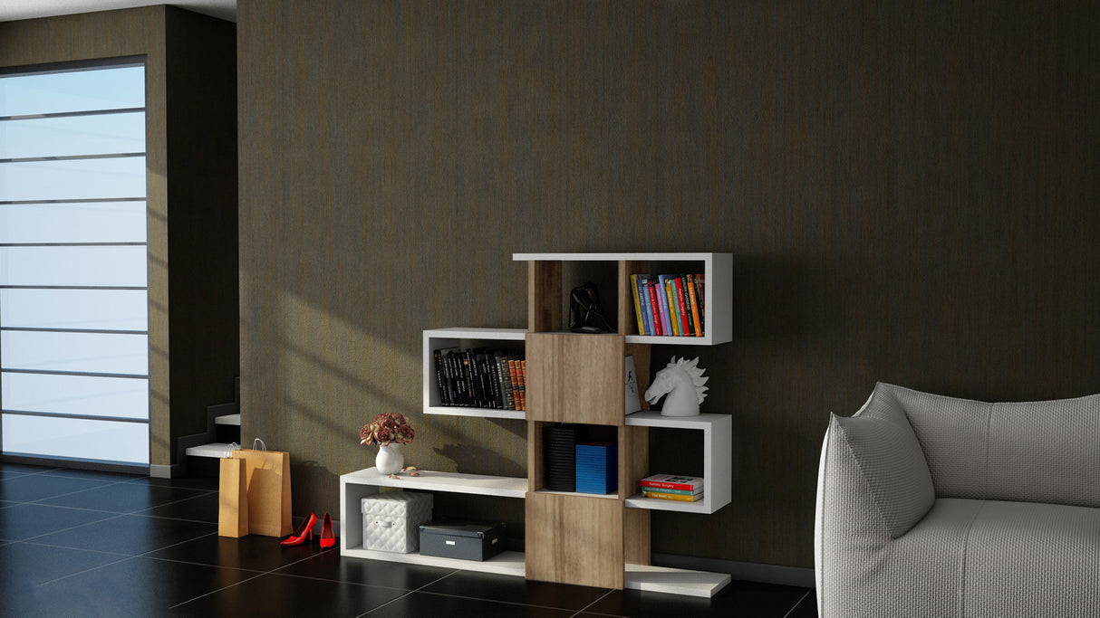Bibliotecă Karlin, Diverse culori, 120x20x109 cm - Alb - Nuc | SKU: 745DCD3608 | Bibliotecă Karlin, 120x20x109 cm, varianta Alb - Nuc, produs pentru amenajarea locuinței, disponibil online în România la CasaMob