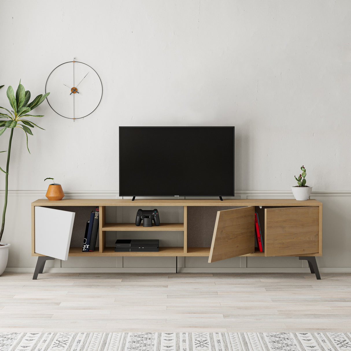 Comodă TV Fiona, Stejar - Alb, 180x36x48 cm