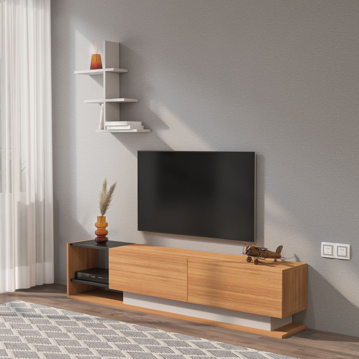 Comodă TV Liza, Alb - Teak, 180x30x40 cm