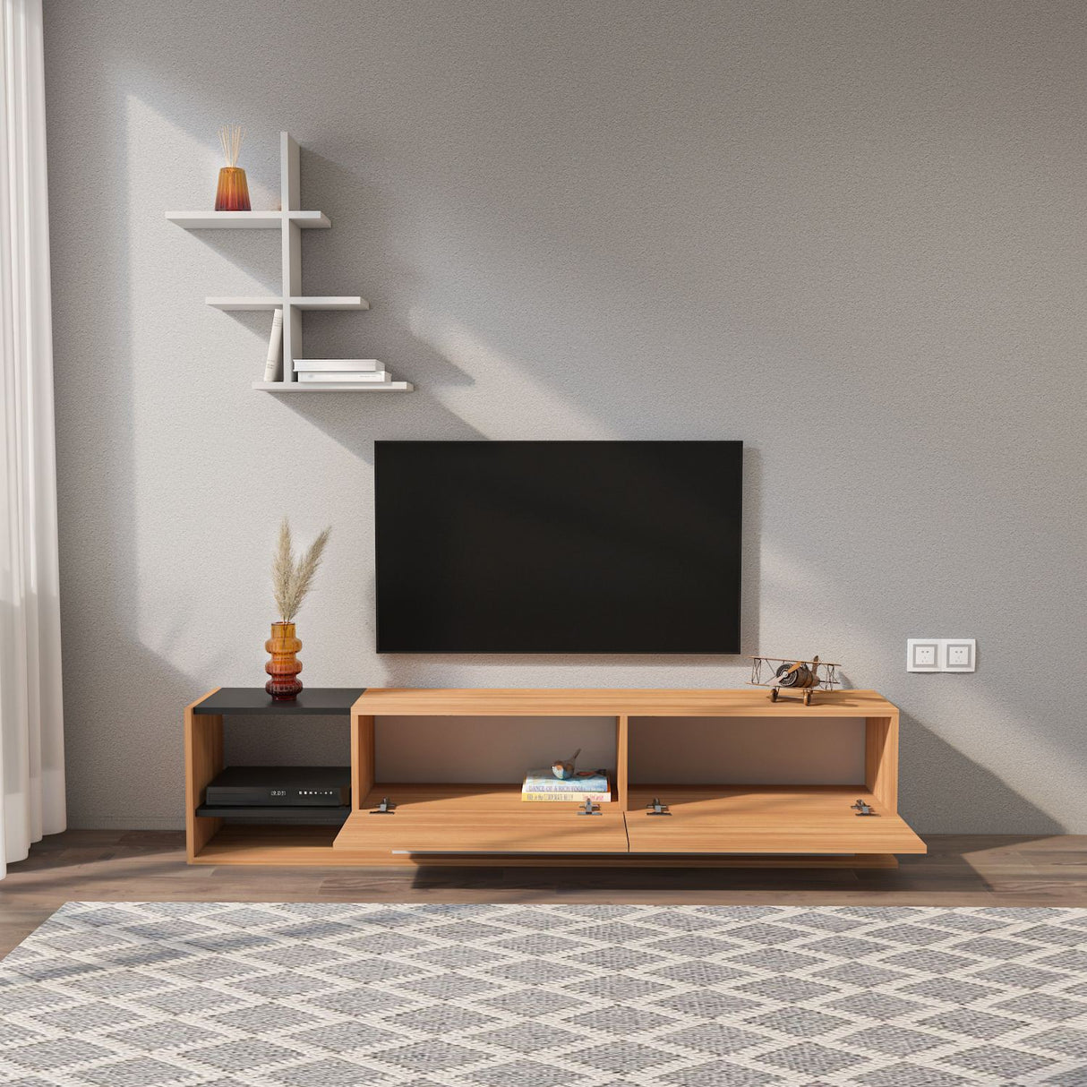 Comodă TV Liza, Alb - Teak, 180x30x40 cm