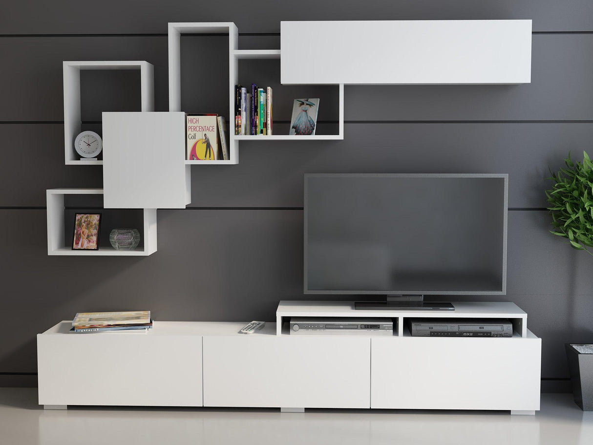 Comoda TV Tovog cu usi si rafturi, Alb, 210x35x30 cm