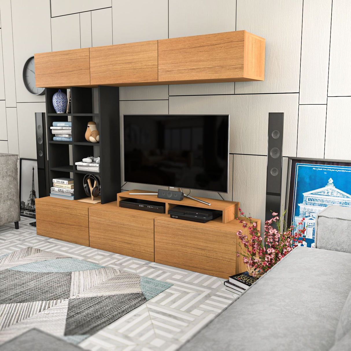 Comodă TV Sasa, Teak - Negru, 180x37x40 cm