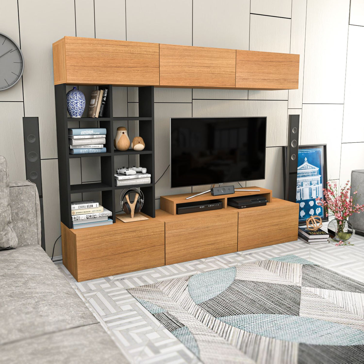Comodă TV Sasa, Teak - Negru, 180x37x40 cm