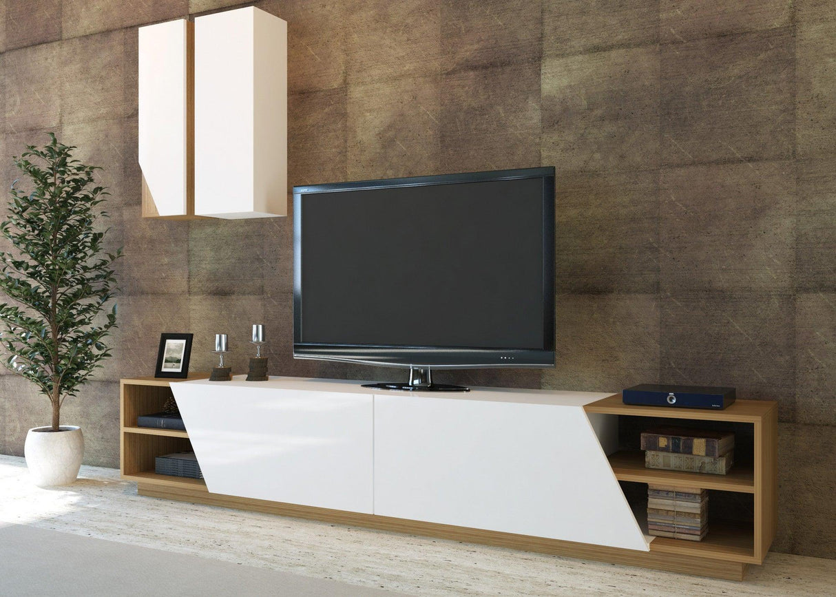 Comodă TV Zebra, Diverse culori, 240x38x47 cm - Alb - Teak | SKU: 788DEC3089 | Comodă TV Zebra, 240x38x47 cm, varianta Alb - Teak, produs pentru amenajarea locuinței, disponibil online în România la CasaMob