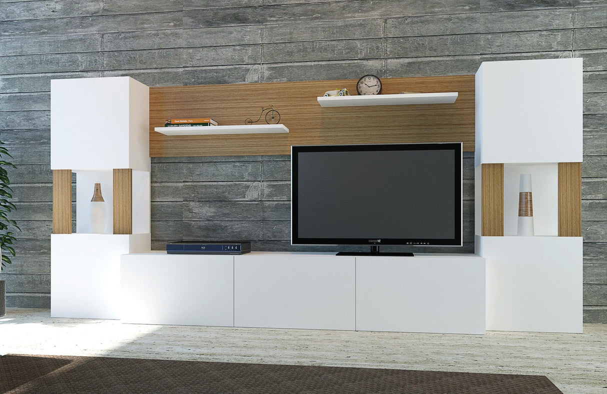 Comoda Tv Set cu dulapuri si rafturi , Alb, 160x31.5x125 cm