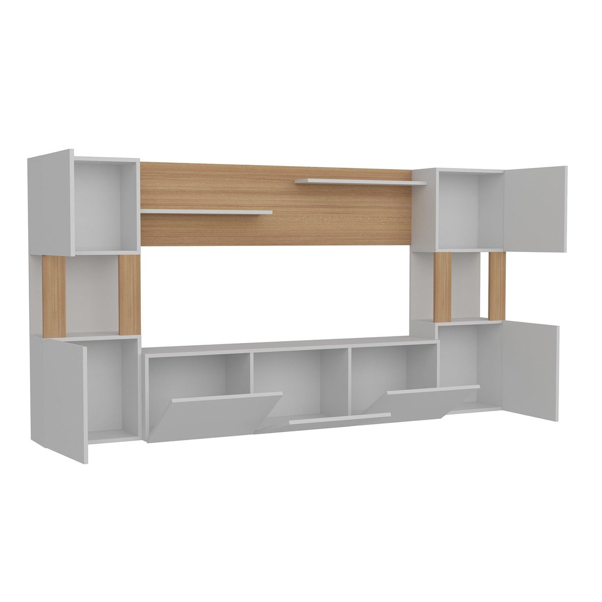 Comoda Tv Set cu dulapuri si rafturi , Alb, 160x31.5x125 cm