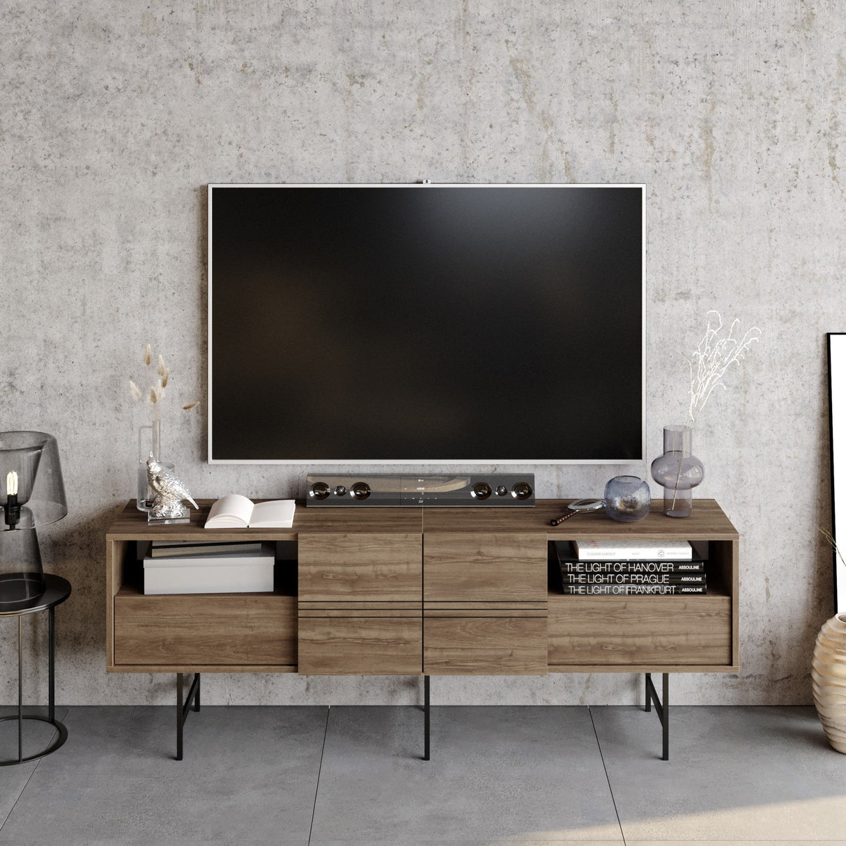Comodă TV Derin, Diverse culori, 180x37x65 cm - Nuc - Negru | SKU: 788DEC4010 | Comodă TV Derin, 180x37x65 cm, varianta Nuc - Negru, produs pentru amenajarea locuinței, disponibil online în România la CasaMob