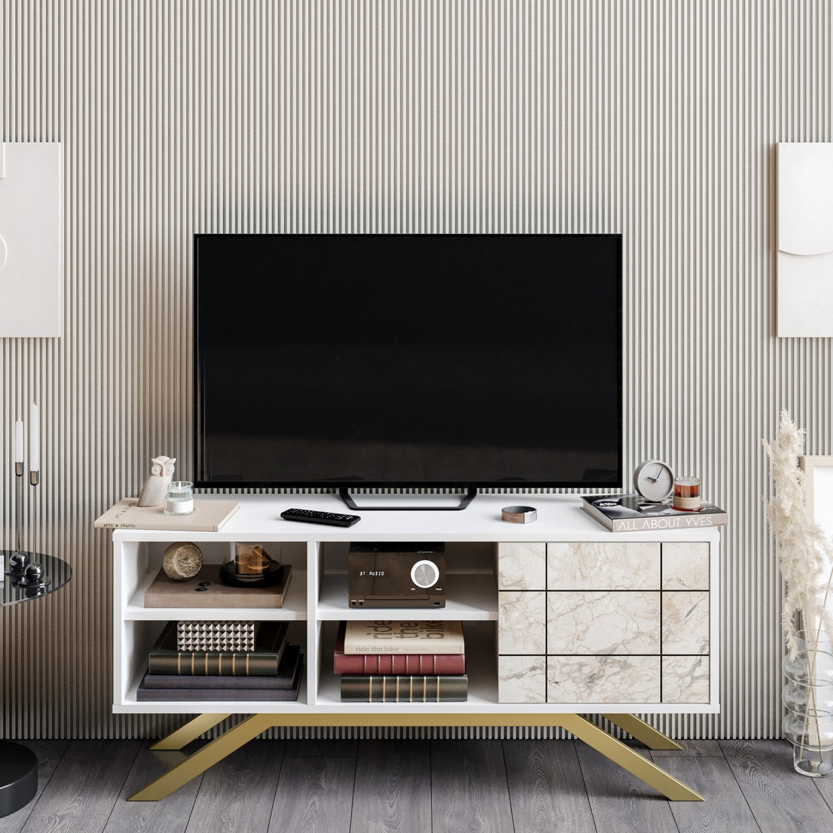 Comodă TV North, Diverse culori, 130x59x39 cm - Alb - Auriu | SKU: 788DEC4035 | Comodă TV North, 130x59x39 cm, varianta Alb - Auriu, produs pentru amenajarea locuinței, disponibil online în România la CasaMob