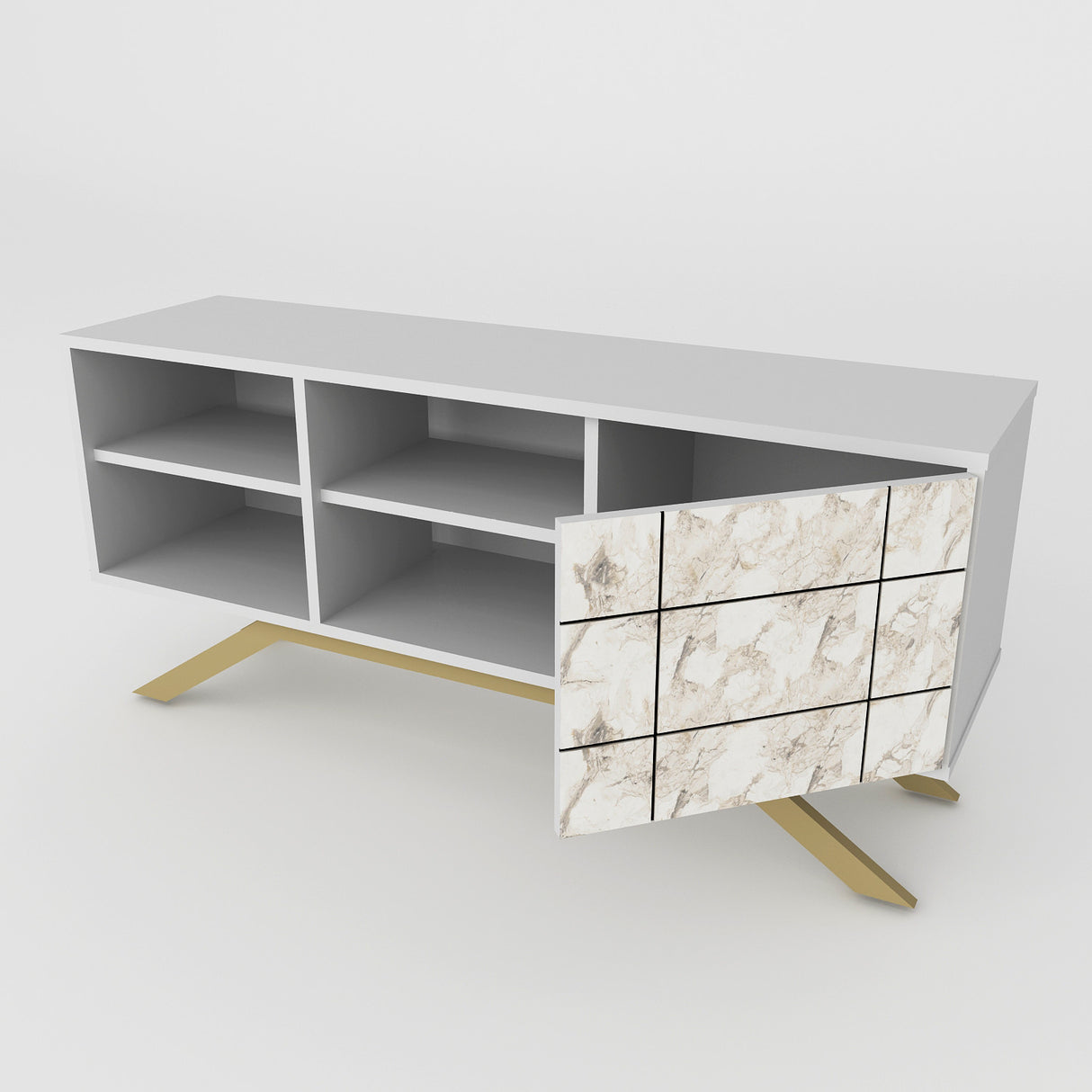 Comodă TV North, Diverse culori, 130x59x39 cm - Alb - Auriu | SKU: 788DEC4035 | Comodă TV North, 130x59x39 cm, varianta Alb - Auriu, produs pentru amenajarea locuinței, disponibil online în România la CasaMob