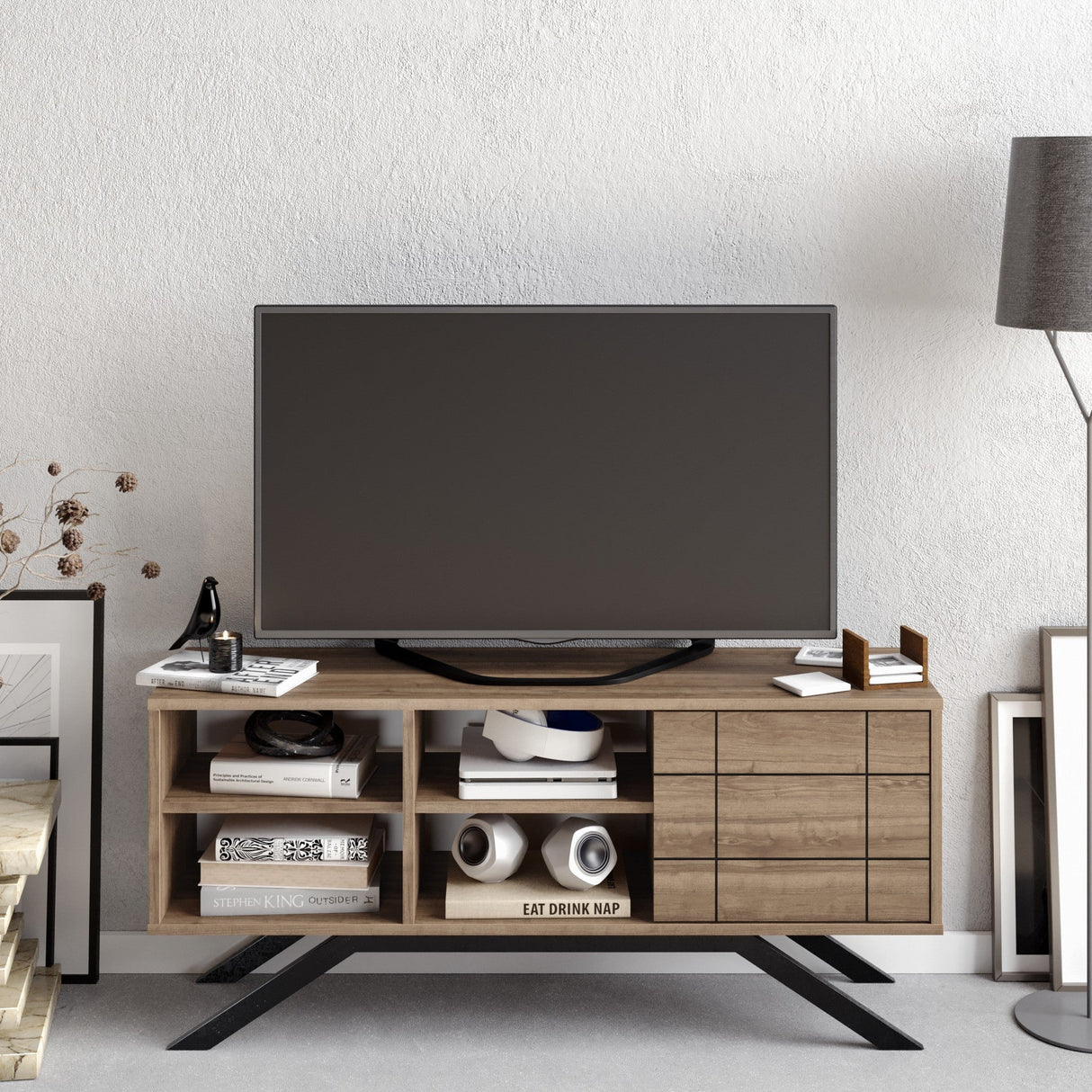 Comodă TV North, Diverse culori, 130x59x39 cm - Negru - Nuc | SKU: 788DEC4036 | Comodă TV North, 130x59x39 cm, varianta Negru - Nuc, produs pentru amenajarea locuinței, disponibil online în România la CasaMob