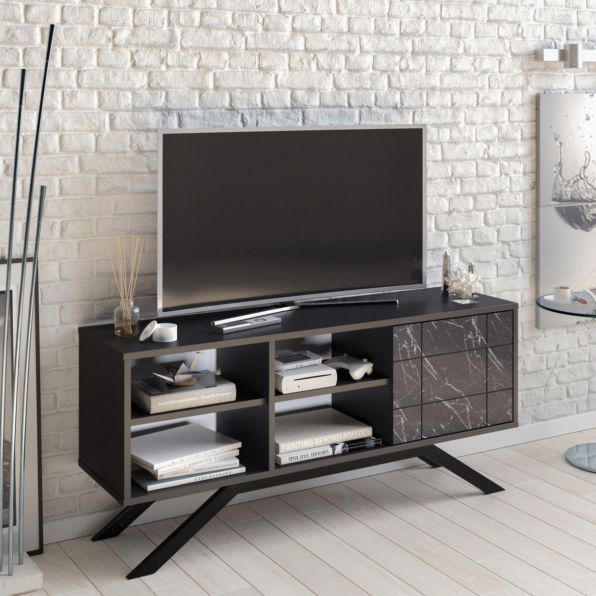 Comodă TV North, Diverse culori, 130x59x39 cm - Negru - Marble | SKU: 788DEC4037 | Comodă TV North, 130x59x39 cm, varianta Negru - Marble, produs pentru amenajarea locuinței, disponibil online în România la CasaMob