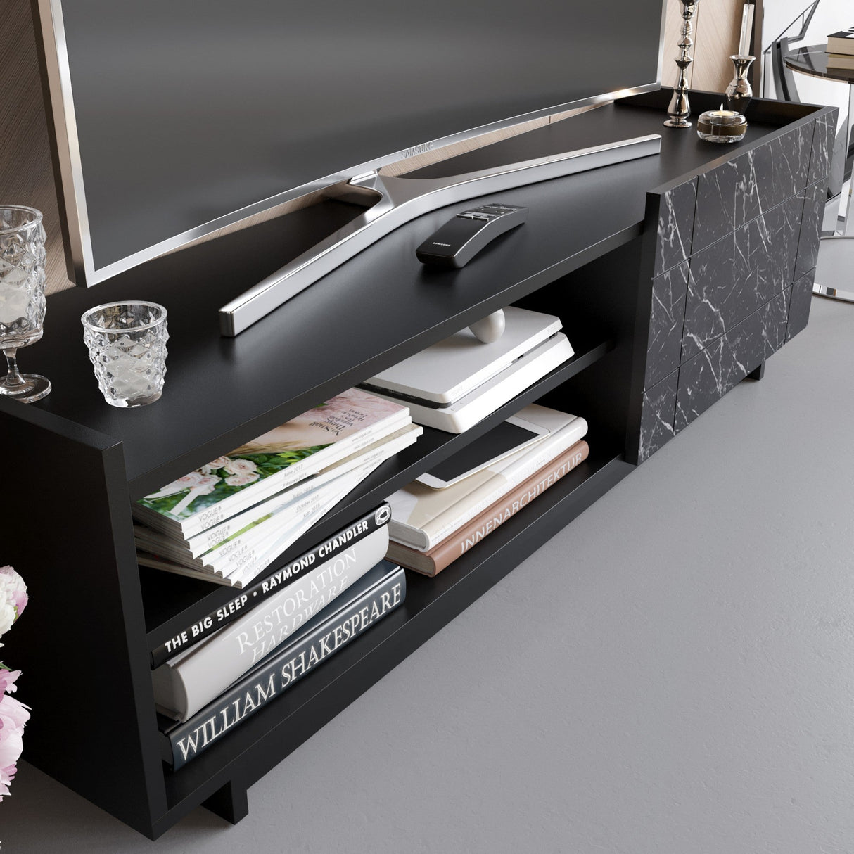 Comodă TV Valantina, Diverse culori, 140x37x41 cm - Negru - Marble | SKU: 788DEC4044 | Comodă TV Valantina, 140x37x41 cm, varianta Negru - Marble, produs pentru amenajarea locuinței, disponibil online în România la CasaMob