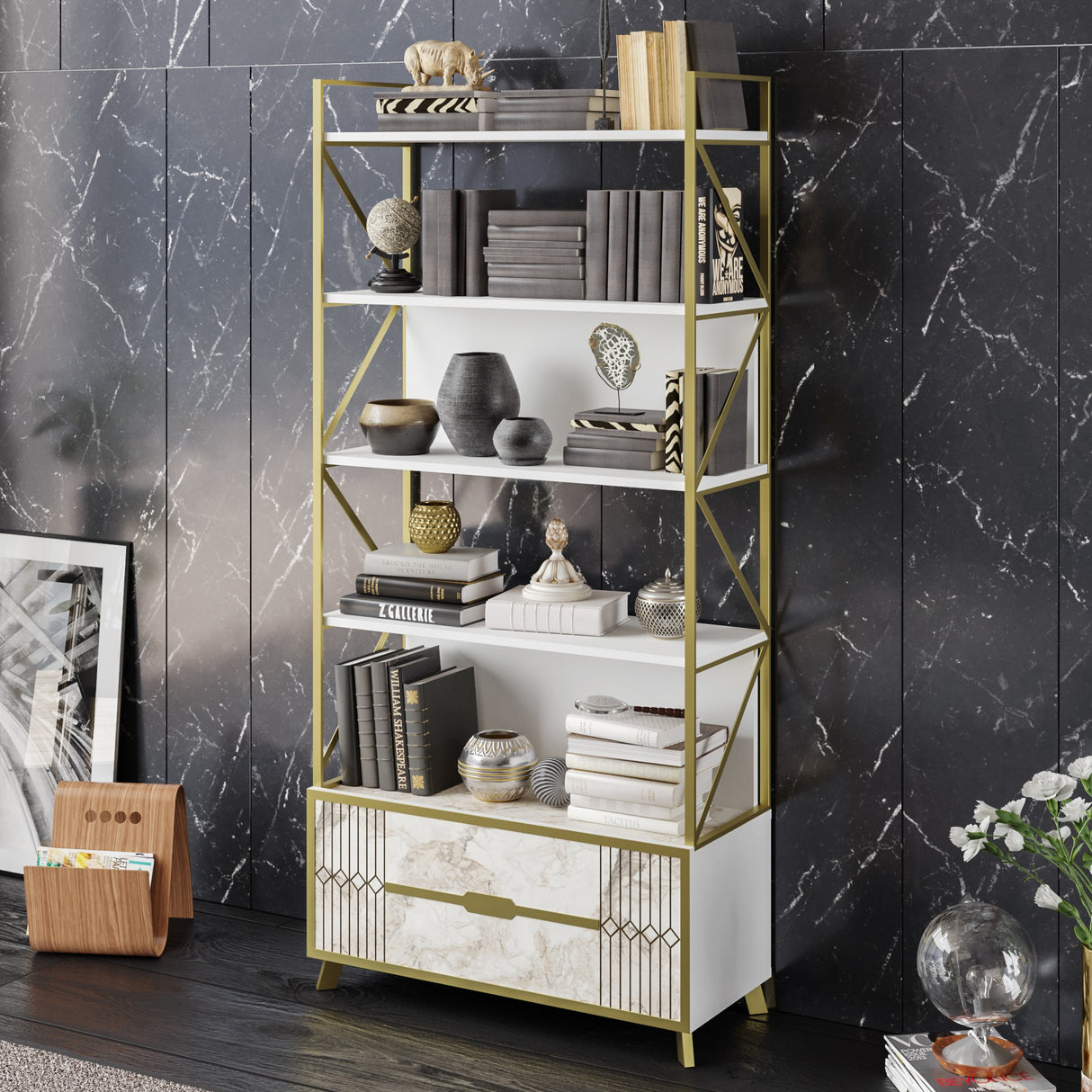 Bibliotecă Frida 90 Cm, Alb, 89x35x191 cm