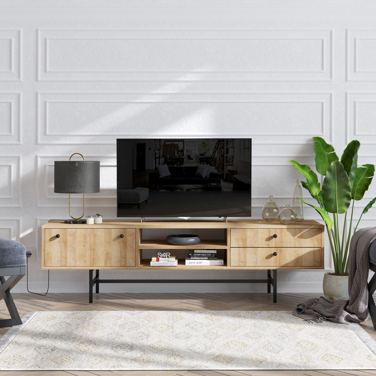 Comodă TV Owen, Stejar - Negru, 180x50x35 cm