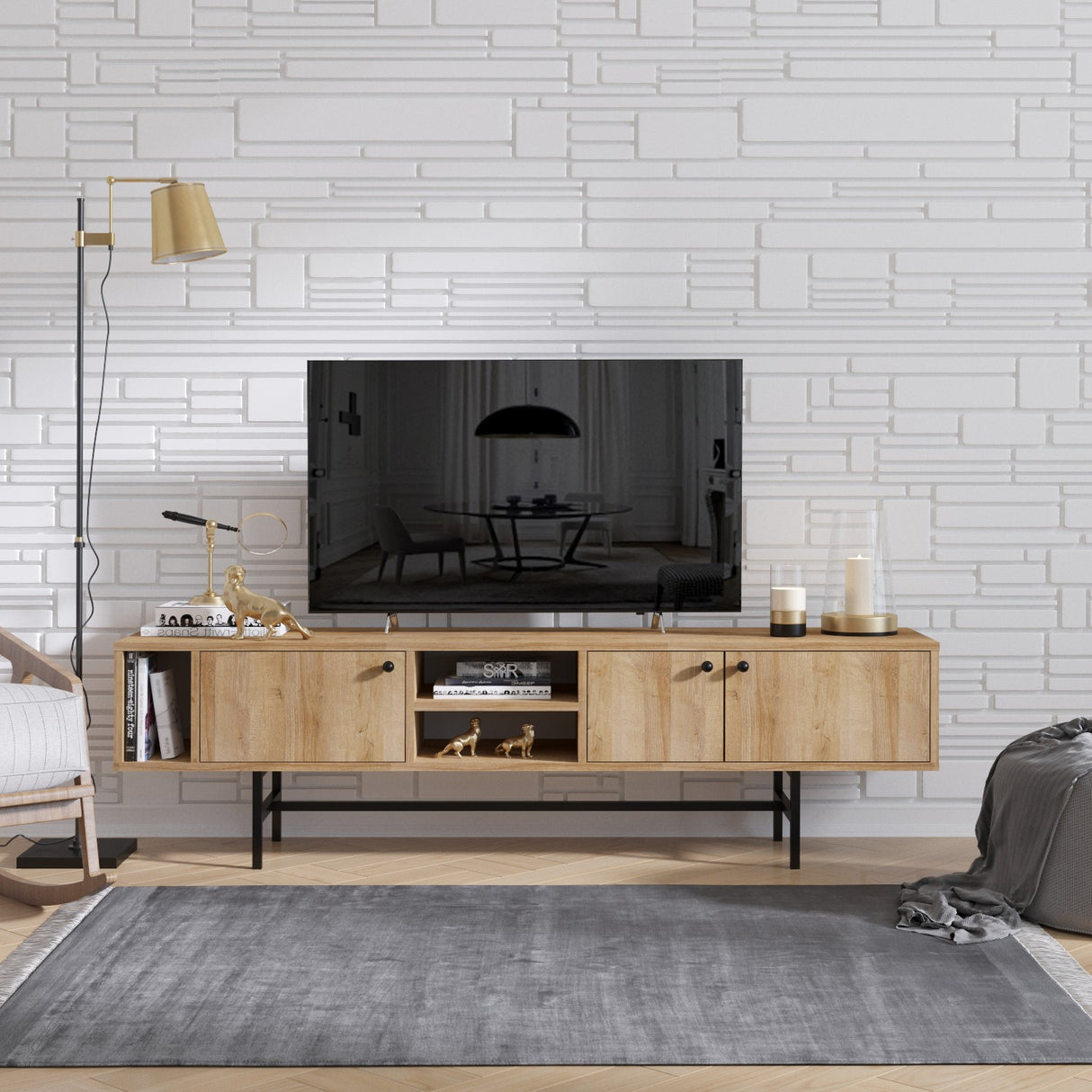 Comodă TV Pedro, Stejar - Negru, 180x50x40 cm