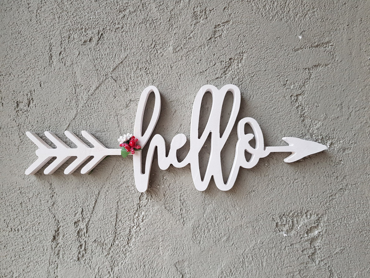 Decorațiune de perete din lemn Mini Hello, Alb, 40x2x14 cm