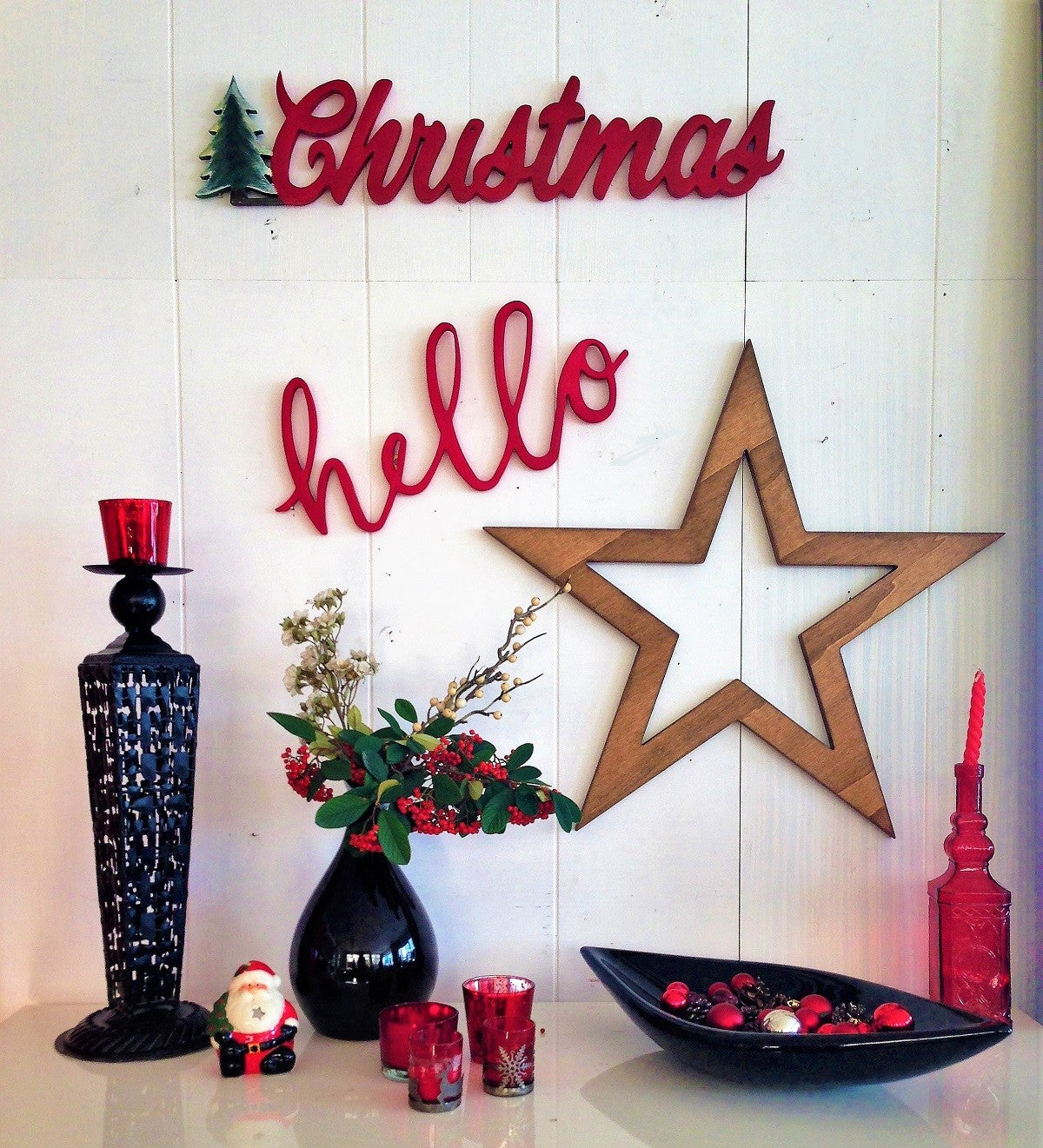 Decorațiune de perete din lemn Christmas, Roșu, 69x2x15 cm
