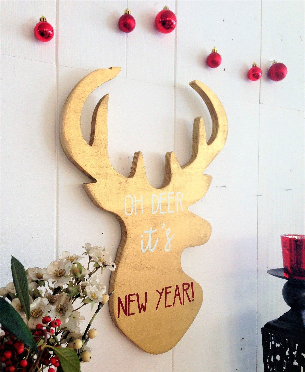 Decorațiune de perete din lemn Oh Deer, Auriu, 33x2x50 cm