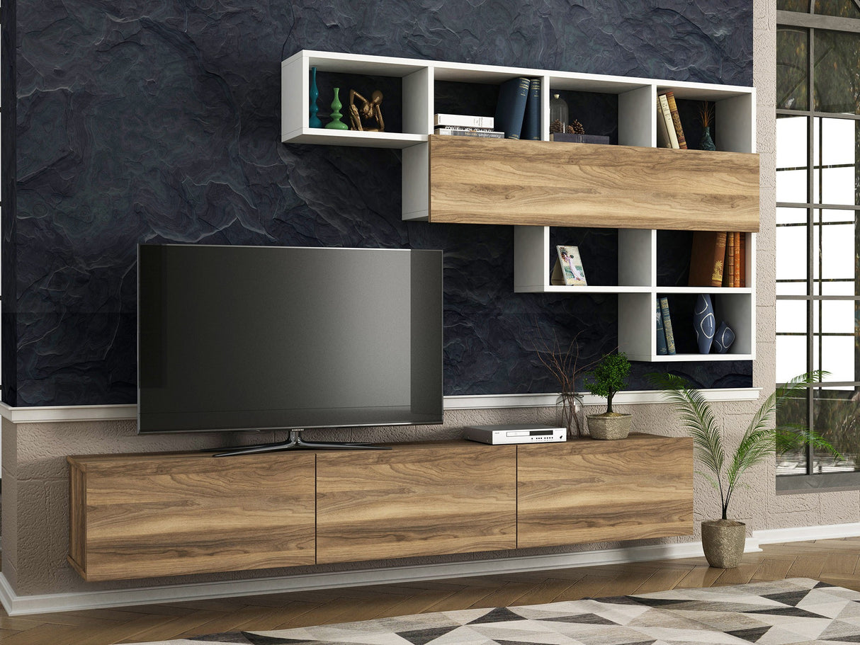 Comodă TV Damla, Alb - Nuc, 180x30x30 cm