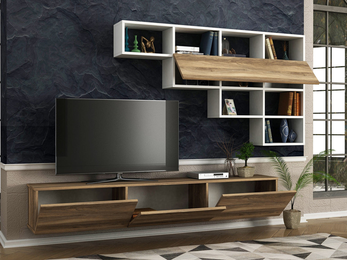 Comodă TV Damla, Alb - Nuc, 180x30x30 cm