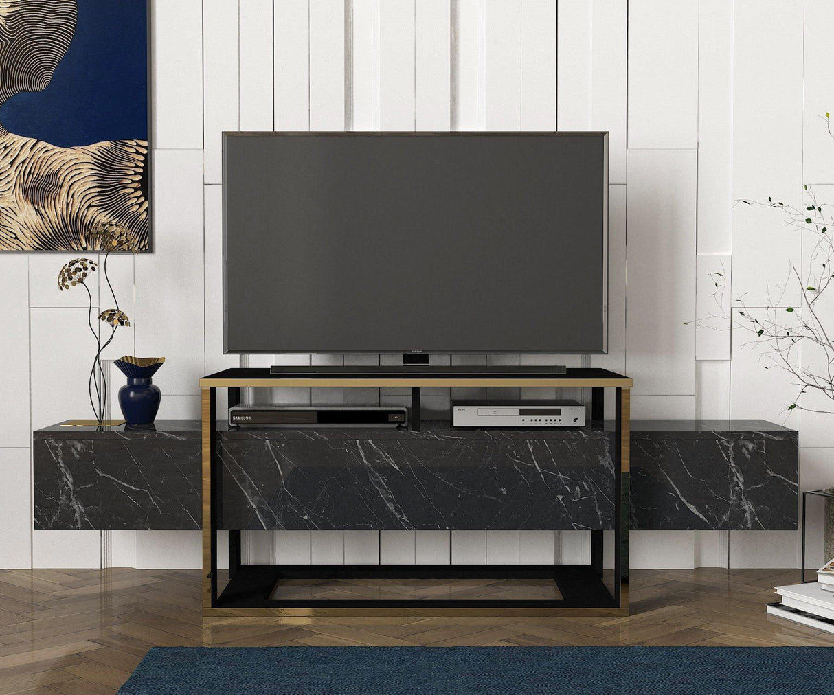 Comodă TV Bianco, Diverse culori, 160x46x50 cm - Negru - Auriu | SKU: 804TRH3054 | Comodă TV Bianco, 160x46x50 cm, varianta Negru - Auriu, produs pentru amenajarea locuinței, disponibil online în România la CasaMob