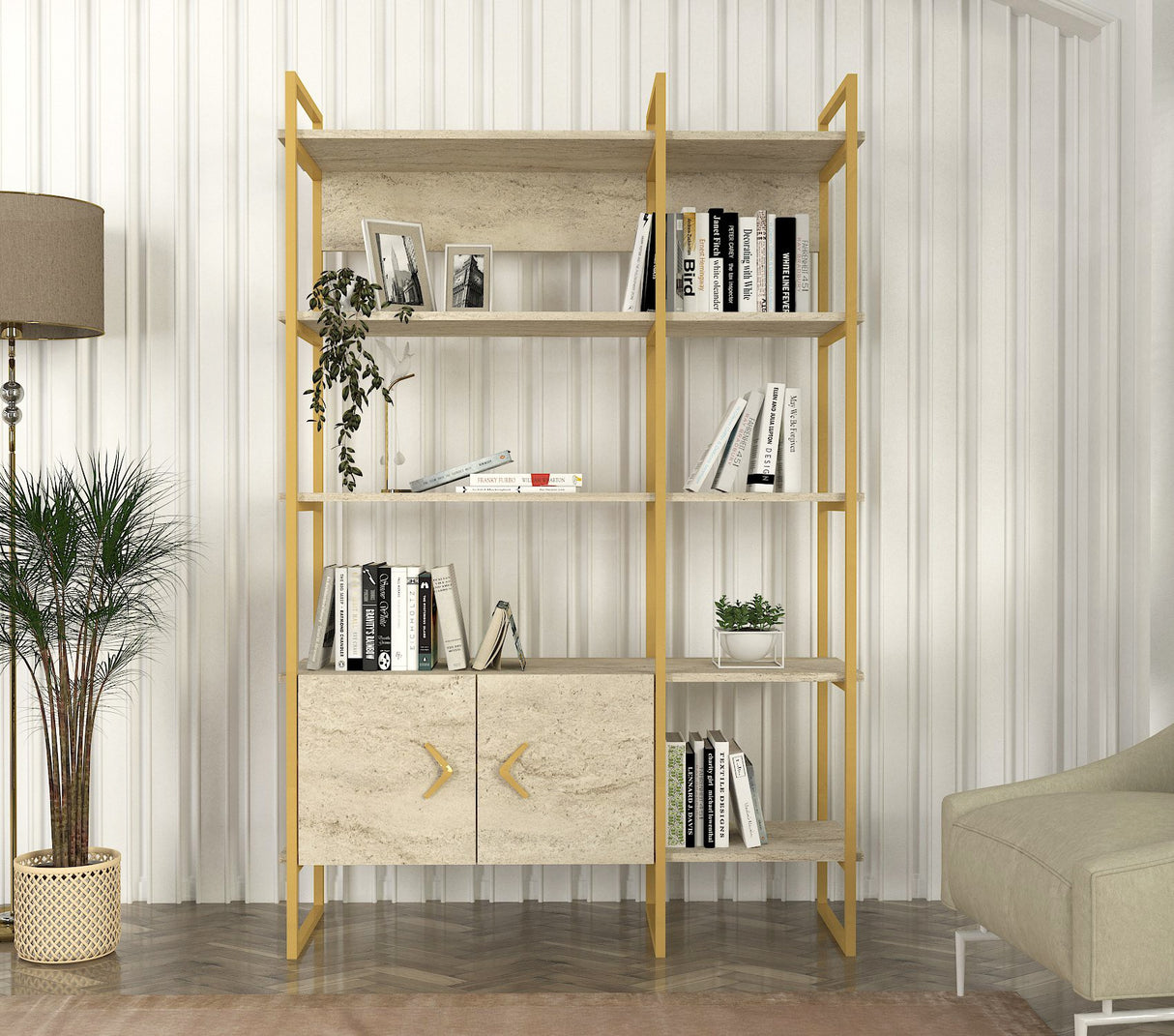 Bibliotecă Santana, Travertin - Auriu, 120x39x180 cm