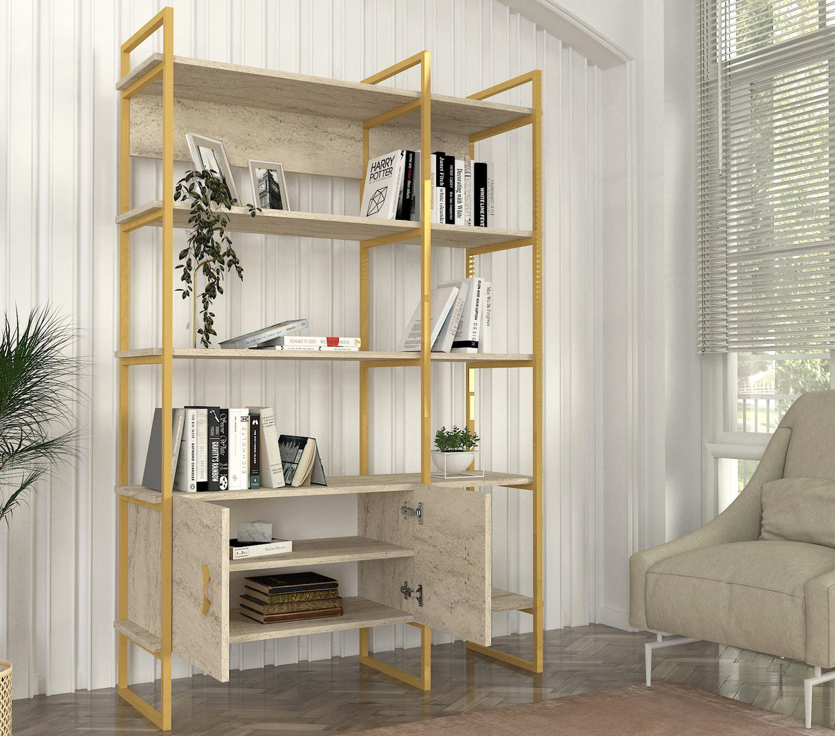 Bibliotecă Santana, Travertin - Auriu, 120x39x180 cm