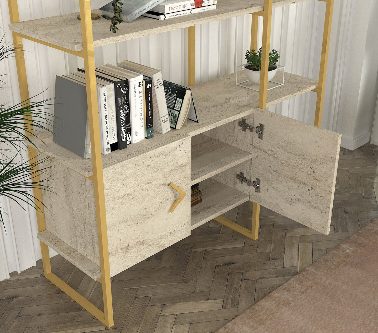 Bibliotecă Santana, Travertin - Auriu, 120x39x180 cm