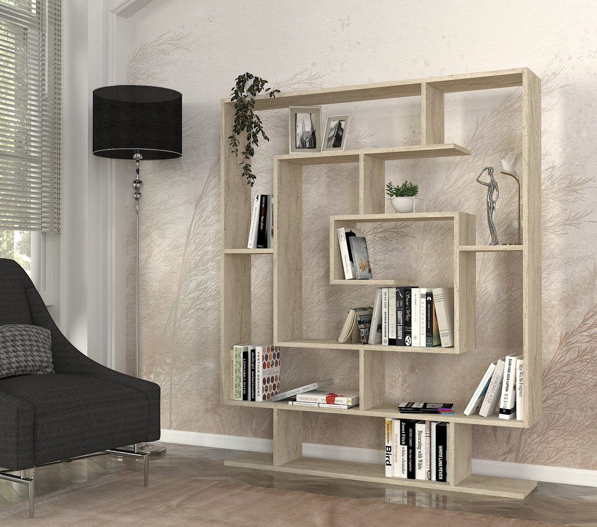 Bibliotecă Sarmasik, Travertin, 125x22x149 cm