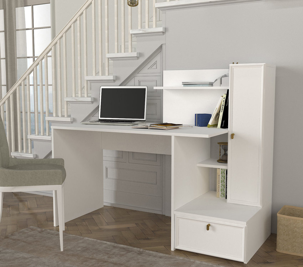 Birou Shellon, Alb, 143x60x116 cm