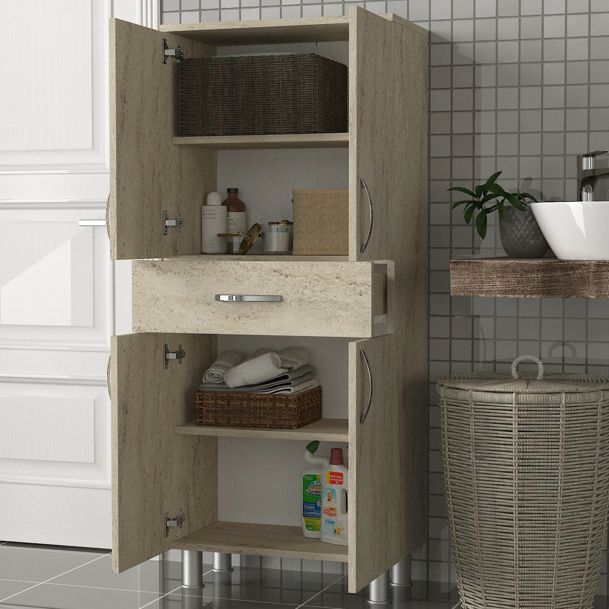 Dulap de baie Arizona 4 Doors, Travertin, 59x32x140 cm