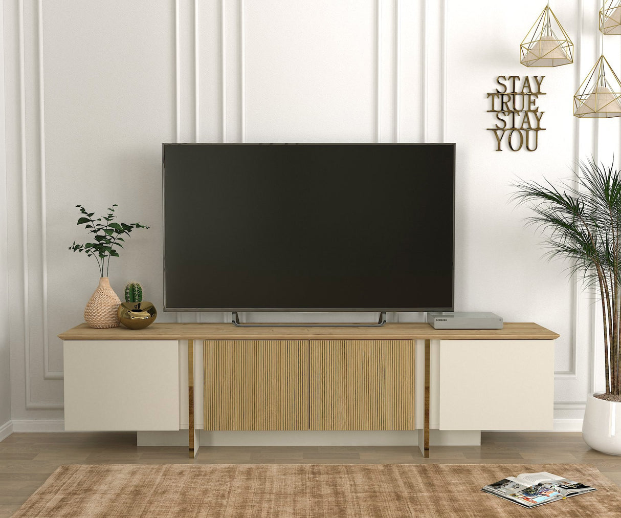 Comodă TV Sion, Crem - Nuc, 180x35x45 cm