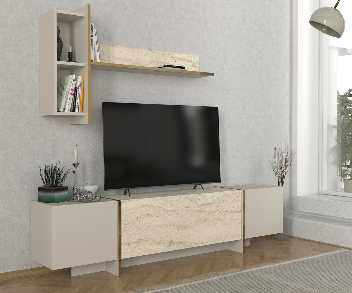 Comodă TV Veyron, Travertin - Sandstone, 180x32x45 cm