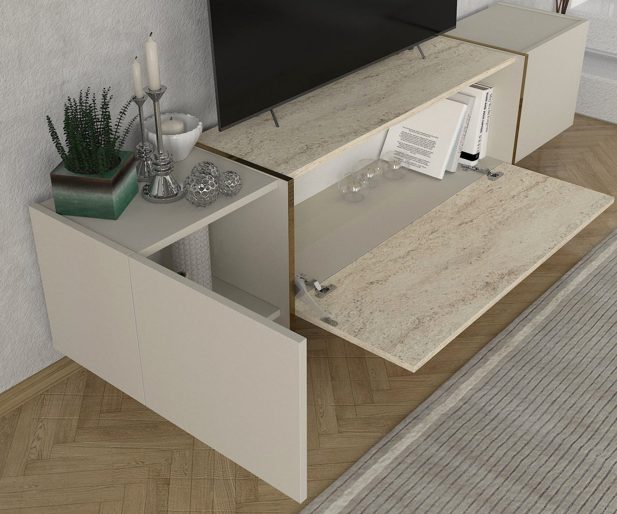 Comodă TV Veyron, Travertin - Sandstone, 180x32x45 cm