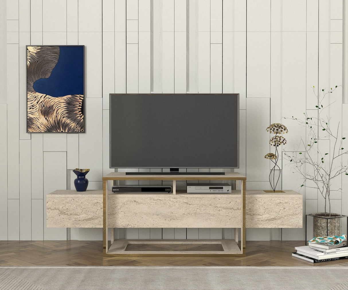 Comodă TV Bianco, Diverse culori, 160x46x50 cm - Travertin | SKU: 804TRH4920 | Comodă TV Bianco, 160x46x50 cm, varianta Travertin, produs pentru amenajarea locuinței, disponibil online în România la CasaMob