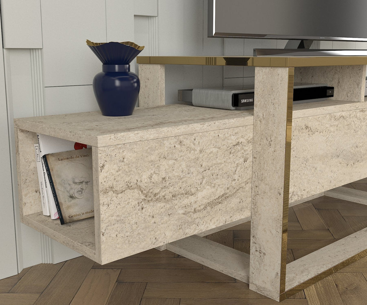 Comodă TV Bianco, Diverse culori, 160x46x50 cm - Travertin | SKU: 804TRH4920 | Comodă TV Bianco, 160x46x50 cm, varianta Travertin, produs pentru amenajarea locuinței, disponibil online în România la CasaMob