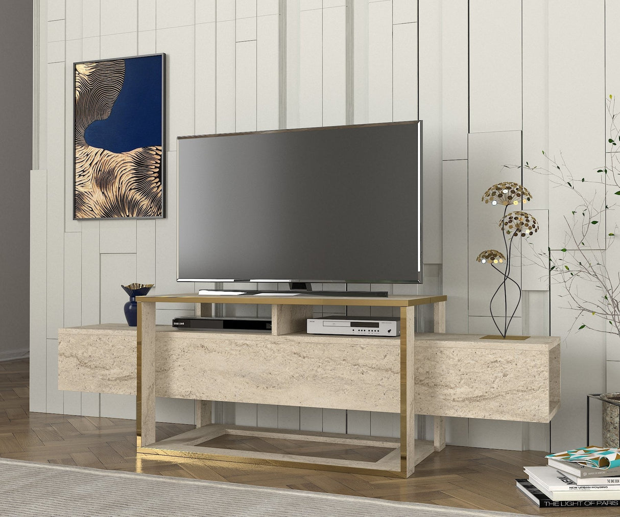 Comodă TV Bianco, Diverse culori, 160x46x50 cm - Travertin | SKU: 804TRH4920 | Comodă TV Bianco, 160x46x50 cm, varianta Travertin, produs pentru amenajarea locuinței, disponibil online în România la CasaMob