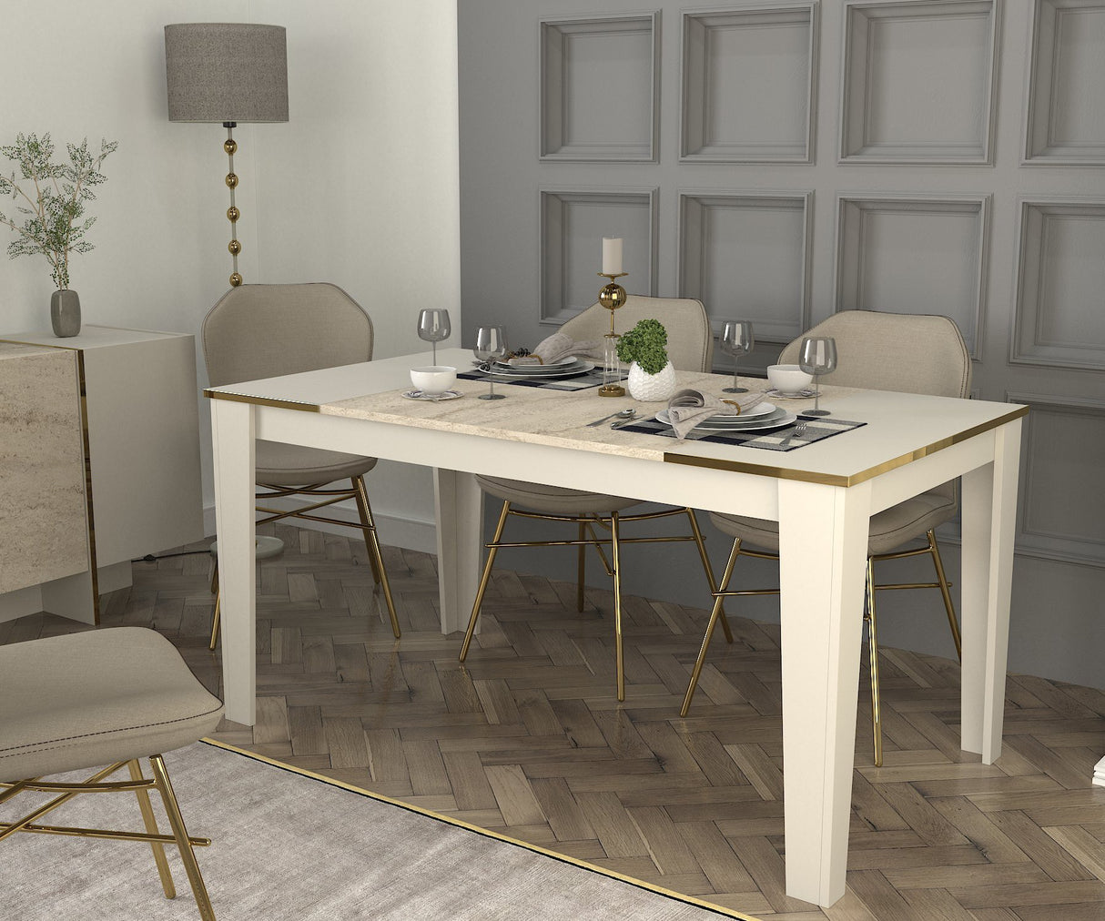 Masă dining Veyron, Travertin - Sandstone, 145x85x76 cm