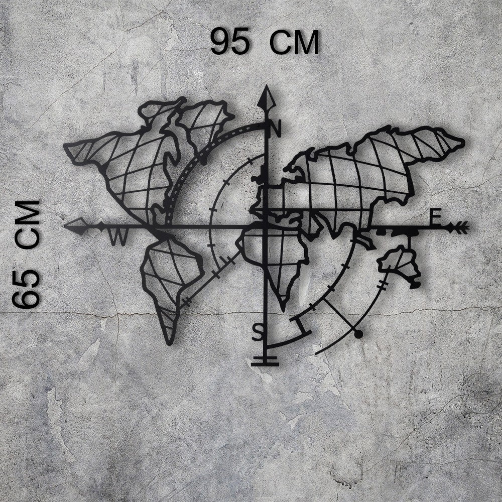 Decorațiune de perete din metal World Map Compass Led, Negru, 65x95x0 cm