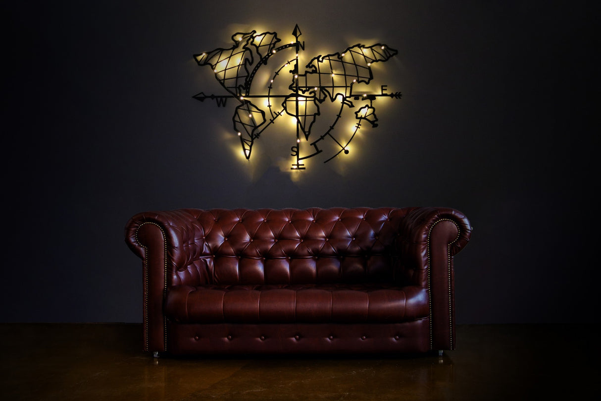 Decorațiune de perete din metal World Map Compass Led, Negru, 65x95x0 cm