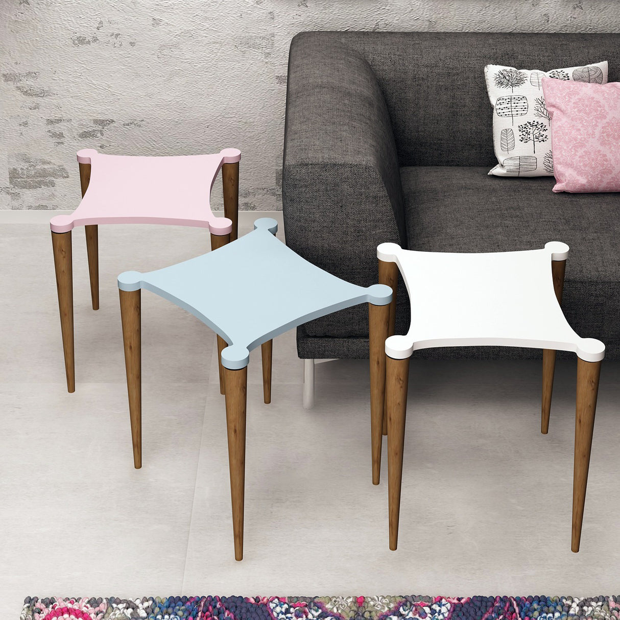 Set 3 măsuțe de cafea Tremo, Alb - Roz - Albastru - Nuc, 50x50x52 cm