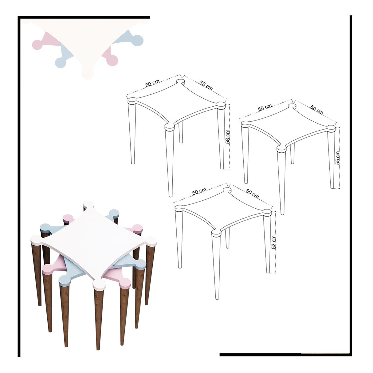 Set 3 măsuțe de cafea Tremo, Alb - Roz - Albastru - Nuc, 50x50x52 cm